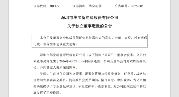 华宝新能41岁独董吴辉病逝，生前在三家上市公司任职，系新能源行业资深专家